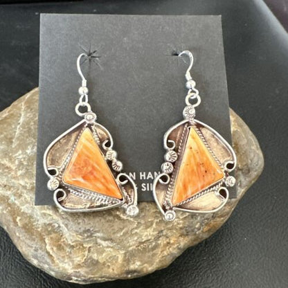 Navajo Orange Spiny Oyster Dangle Earrings | Sterling Silver | Authentic Native American Handmade | 17271