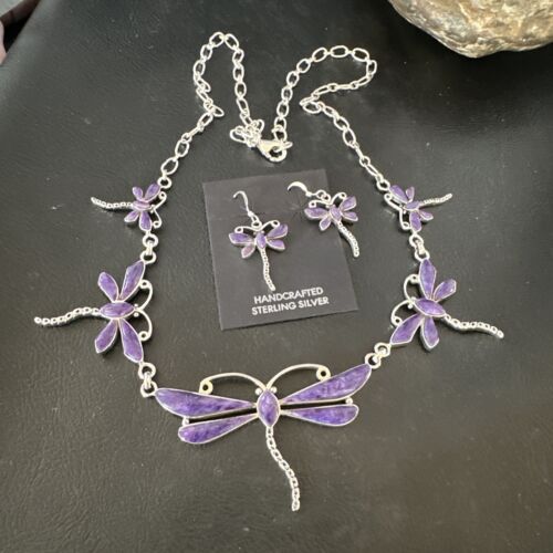 Navajo Dragonfly Purple Sugilite Necklace and Earrings Set | Sterling Silver | Native American Handmade | 16257
