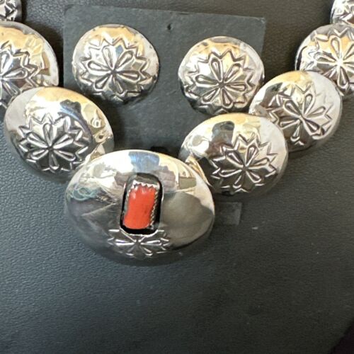 Navajo Red Coral Graduated Necklace | Sterling Silver Pillow Stamped | 18" | Authentic Native American Handmade | 15129