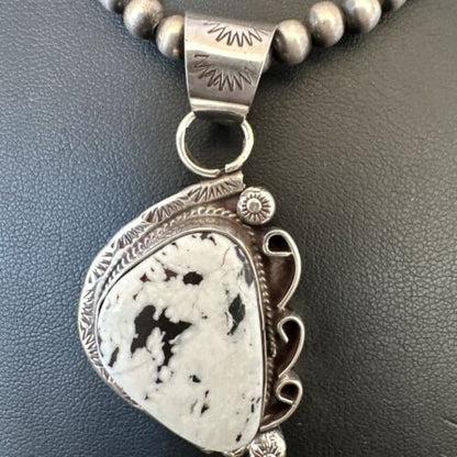 Navajo White Buffalo Turquoise Pendant Necklace | Sterling Silver Pearls | Authentic Native American | 17111