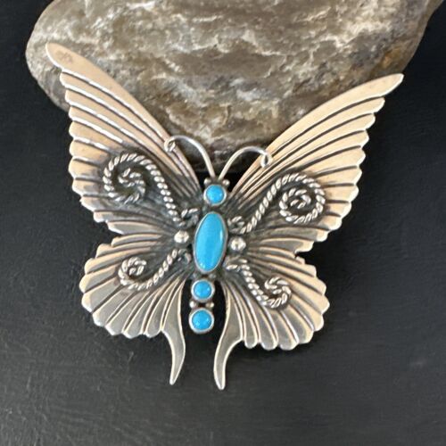 Navajo Butterfly Blue Turquoise Pin Pendant | Sterling Silver | Authentic Native American Handmade | 15232