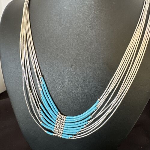 Navajo Blue Turquoise Necklace | 10-Strand | Sterling Liquid Silver Tube Heishi | 22" | 16449
