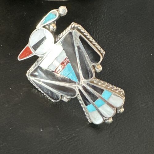 Zuni Turquoise Onyx Peyote Bird Inlay Ring | Sterling Silver | Sz 8 | 15391