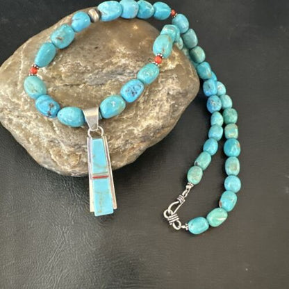 Navajo Blue Turquoise Inlay Pendant Necklace | Sterling Silver | 19" | Authentic Native American Handmade | 17491