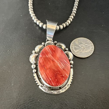 Navajo Red Spiny Oyster Pendant Necklace | Sterling Silver | Authentic Native American Handmade | 17560