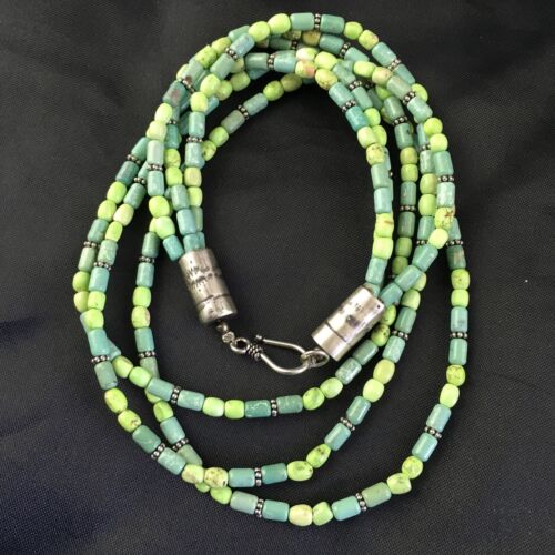Navajo Blue Green Turquoise Necklace | 3-Strand | Sterling Silver | 17" | Authentic Native American Handmade | 10245