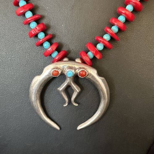 Navajo Blue Turquoise Naja Red Coral Sterling Silver Pendant Necklace 24" | Native American | 14434 - Masha USA
