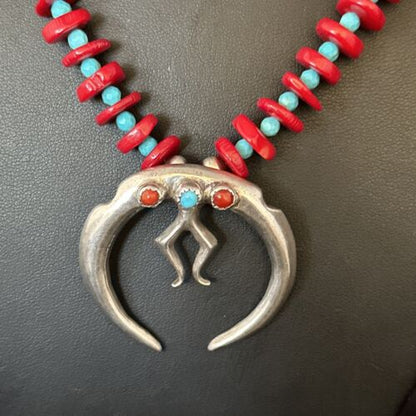 Navajo Blue Turquoise Naja Red Coral Sterling Silver Pendant Necklace 24" | Native American | 14434 - Masha USA