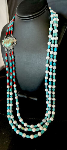 Navajo Blue Turquoise 3-Strand Coral Pendant Necklace | Sterling Silver | Authentic Native American Handmade | 15516