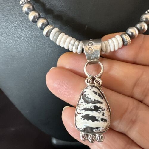 Navajo White Buffalo Turquoise Pendant Necklace | Sterling Silver | Authentic Native American Handmade | 17349