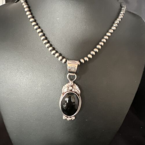 Men's Navajo Pearls Necklace with Black Onyx Pendant | Sterling Silver | Authentic Native American Handmade | 15366