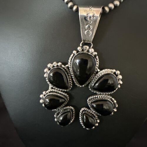 Navajo Men's Black Onyx Naja Pendant Necklace | Sterling Silver Pearls | Authentic Native American Handmade | 16808