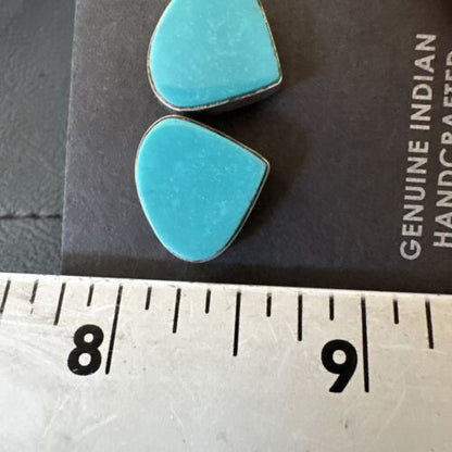 Navajo Blue Kingman Turquoise Post Stud Earrings | Sterling Silver | Authentic Native American Handmade | 17483