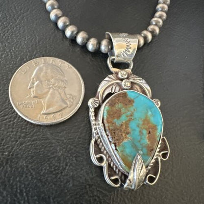 Navajo Blue Turquoise Pendant Necklace | Sterling Silver Pearls | Authentic Native American Handmade | 15652