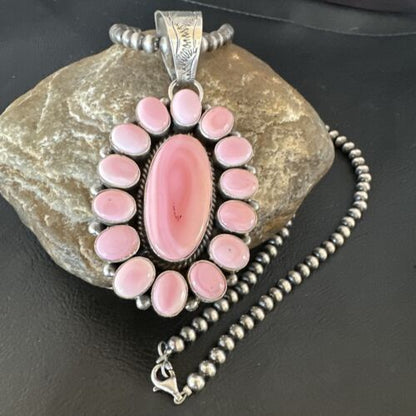 Navajo Pearls Pink Conch Necklace with Multi-Stone Cluster Pendant | Authentic Native American Handmade | 16063