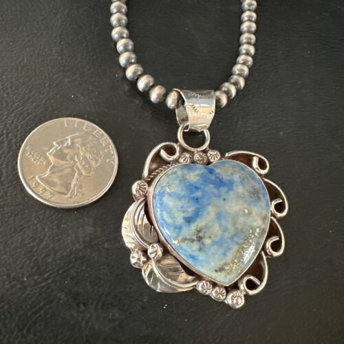Men's Blue Heart Denim Lapis Pendant | Navajo Pearls Sterling Silver Necklace 21" | 15523