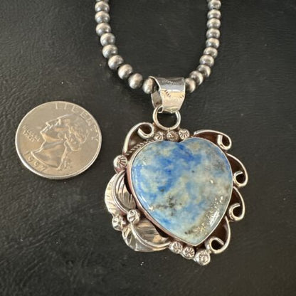 Men's Blue Heart Denim Lapis Pendant | Navajo Pearls Sterling Silver Necklace 21" | 15523