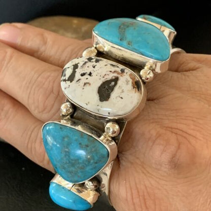 Navajo Kingman White Buffalo Turquoise Row Cuff Bracelet | Sterling Silver | Authentic Native American Handmade