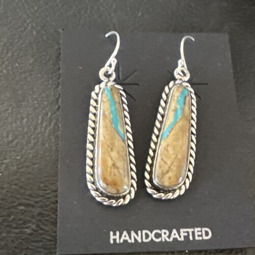 Navajo Blue Boulder Turquoise Dangle Earrings | Sterling Silver | Authentic Native American Handmade | 16498