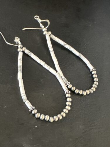 Navajo White Howlite Heishi Dangle Earrings | Sterling Silver | 2" | Authentic Native American Handmade | 15348