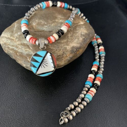 Zuni Multi-Color Turquoise Onyx Necklace with Inlay Pendant | Sterling Silver | 13565