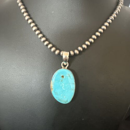 Navajo Blue Kingman Turquoise Pendant Necklace | Sterling Silver | 20" | Authentic Native American Handmade | 16692