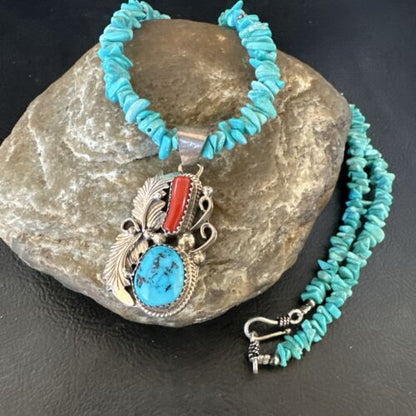 Navajo Blue Turquoise Coral Pendant Necklace | Sterling Silver Pearls | 20" | Authentic Native American Handmade | 17541