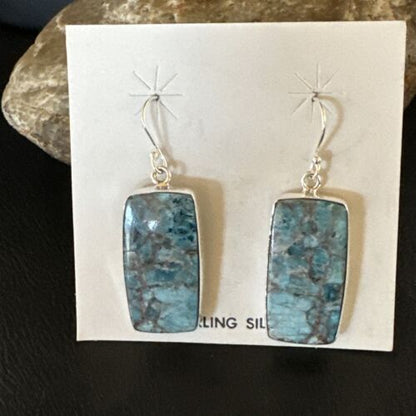 Navajo Blue Turquoise Dangle Earrings | Sterling Silver | Authentic Native American Handmade | 15437