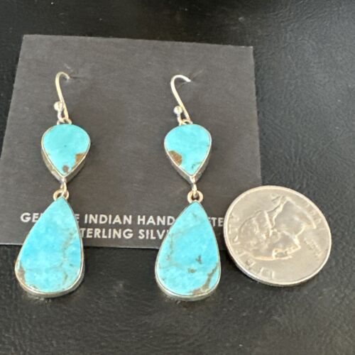 Navajo Blue Kingman Turquoise Dangle Earrings | Sterling Silver | Authentic Native American Handmade | 15119