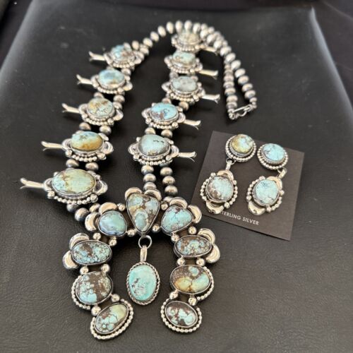 Navajo Blue Golden Hills Turquoise Squash Blossom Necklace & Earrings | Sterling Silver | 17211
