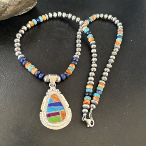 Navajo Lapis Spiny Oyster Turquoise Inlay Pendant Necklace | Sterling Silver | 21" | Authentic Native American Handmade | 16628