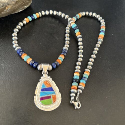 Navajo Lapis Spiny Oyster Turquoise Inlay Pendant Necklace | Sterling Silver | 21" | Authentic Native American Handmade | 16628