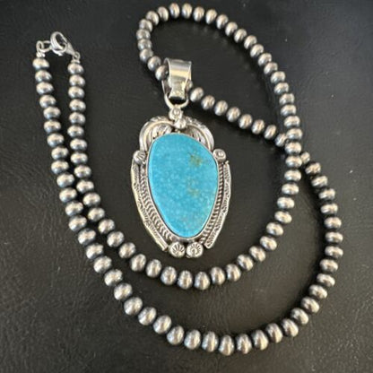Navajo Kingman Turquoise Pendant Necklace | Sterling Silver Pearls | Authentic Native American Handmade | 15210