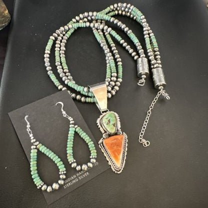 Navajo Royston Turquoise Spiny Pendant Set | Authentic Native American Sterling Silver | 3" | Handmade | 16813