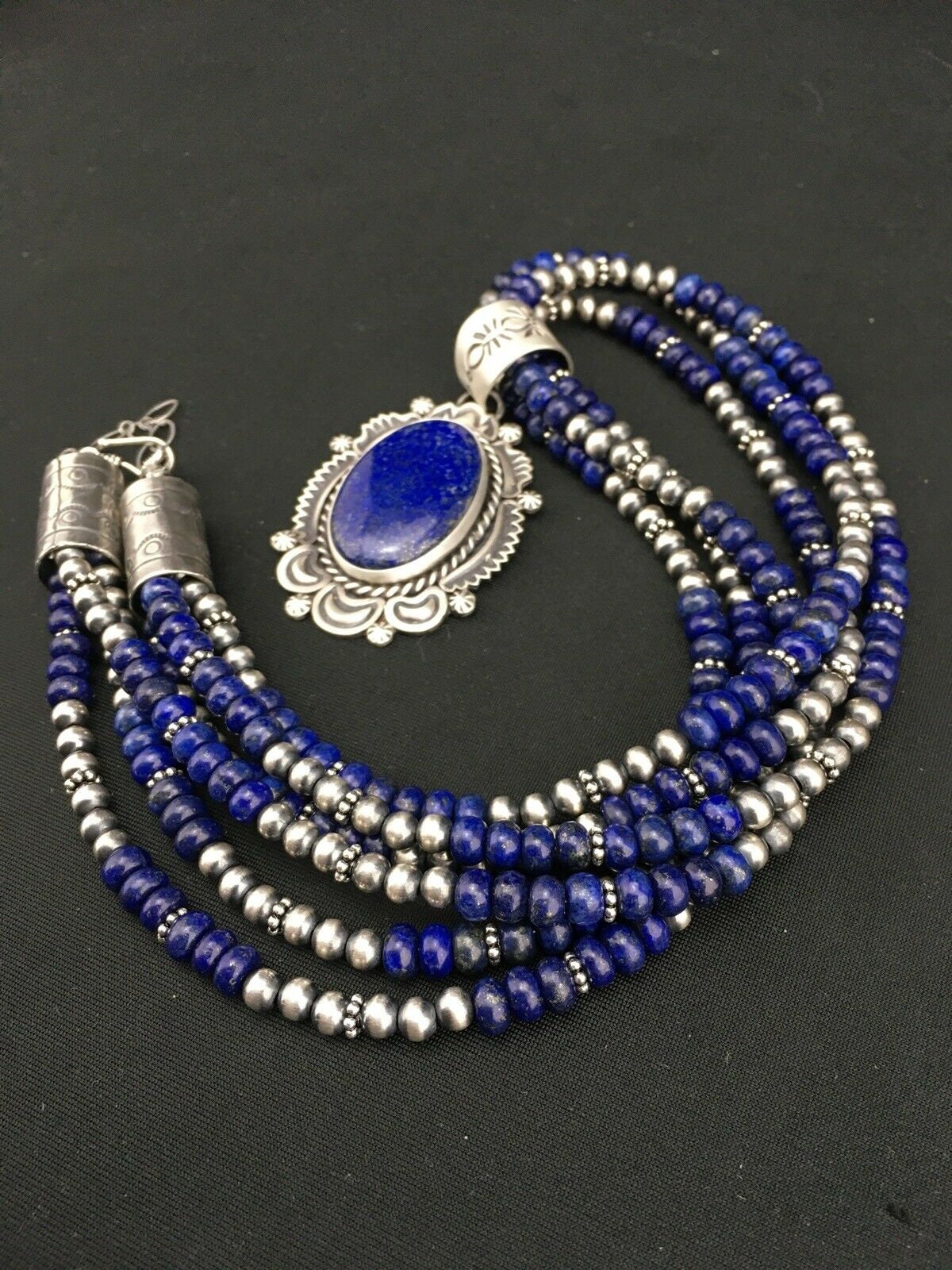 Navajo Lapis Lazuli Multi-Strand Necklace Pendant | Sterling Silver | Authentic Native American Handmade | 1273