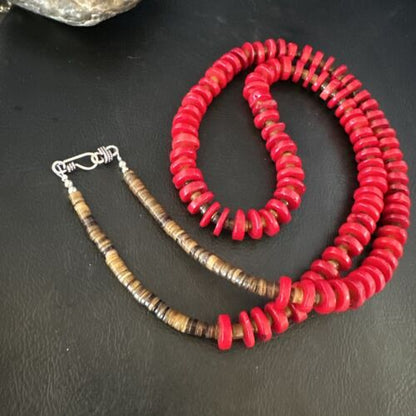 Navajo Red Coral Shell Bead Necklace | Sterling Silver | 30" | Authentic Native American Handmade | 15284