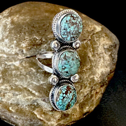 Navajo Blue Spiderweb Turquoise Multi-Stone Ring | Authentic Native American Sterling Silver | Sz 10 | 16710