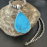 Navajo Blue Kingman Turquoise Pendant Necklace | Sterling Silver | 20" | Authentic Native American Handmade | 16725