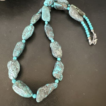 Navajo Blue Nugget Turquoise Bead Necklace | Sterling Silver Pearls | 20" | Authentic Native American Handmade | 16003