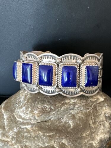 Navajo Blue Lapis 5 Stone Cuff Bracelet | Sterling Silver | XL Men's | Authentic Native American Handmade | 15861