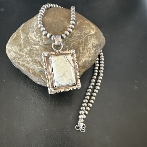 White Buffalo Turquoise Pendant | Navajo Pearls Sterling Silver Necklace | Authentic Native American Handmade | 17102