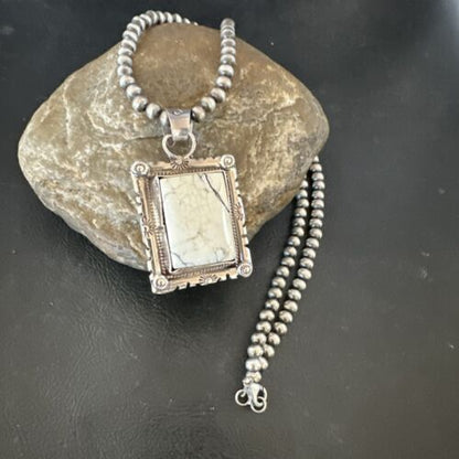 White Buffalo Turquoise Pendant | Navajo Pearls Sterling Silver Necklace | Authentic Native American Handmade | 17102