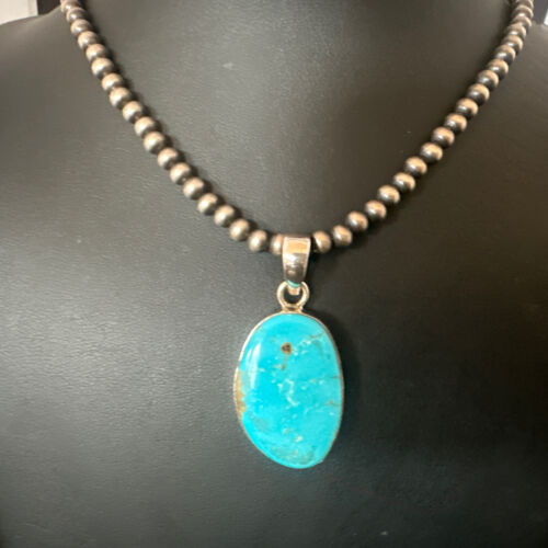 Navajo Blue Kingman Turquoise Pendant Necklace | Sterling Silver | 20" | Authentic Native American Handmade | 16692