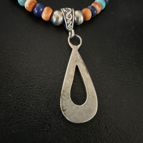 Navajo Spiny Oyster Turquoise Lapis Inlay Pendant Necklace | Sterling Silver | 21" | Authentic Native American Handmade | 16768