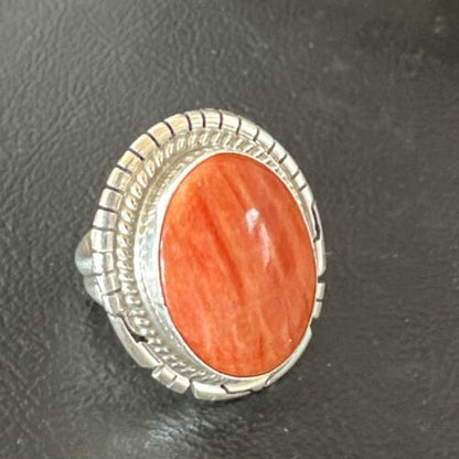 Women's Orange Spiny Oyster Navajo Ring | Sterling Silver | Sz 8 | Authentic Native American Handmade | 16034