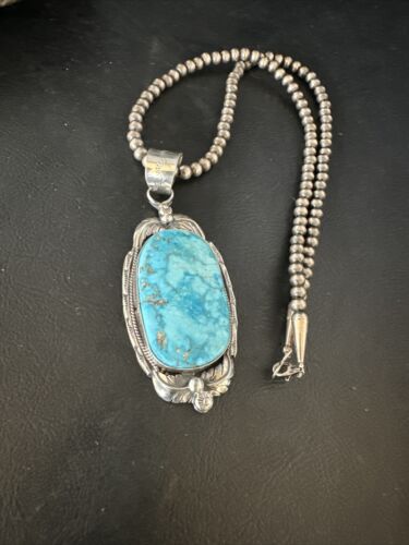 Navajo Blue Kingman Turquoise Pendant Necklace | Sterling Silver | Authentic Native American Handmade | 14861