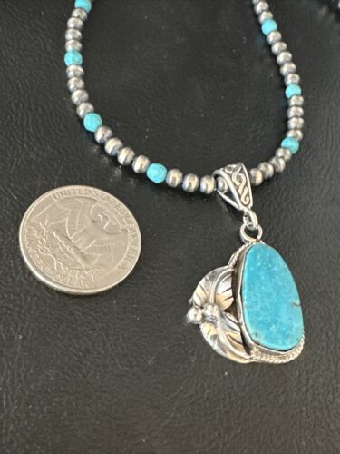 Navajo Pearls Kingman Turquoise Pendant Necklace | Sterling Silver | Authentic Native American Handmade | 14889