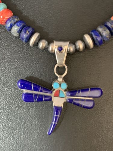 Blue Turquoise & Lapis Dragonfly Pendant Necklace | Navajo Sterling Silver | Authentic Native American Handmade | 13537