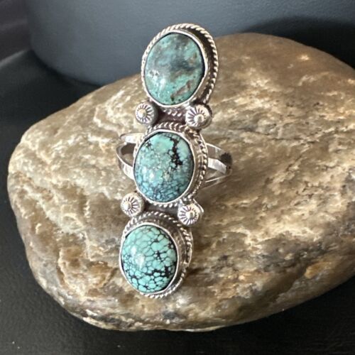 Navajo Blue Spiderweb Turquoise 3-Stone Ring | Authentic Native American Sterling Silver | Multi-Stone | Sz 9 | 16706