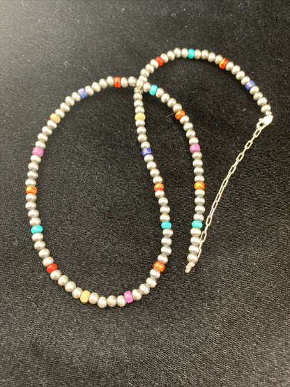 Native American Navajo Pearls Necklace | 4mm Sterling Silver Beads | 16" | Single Strand | 10870
